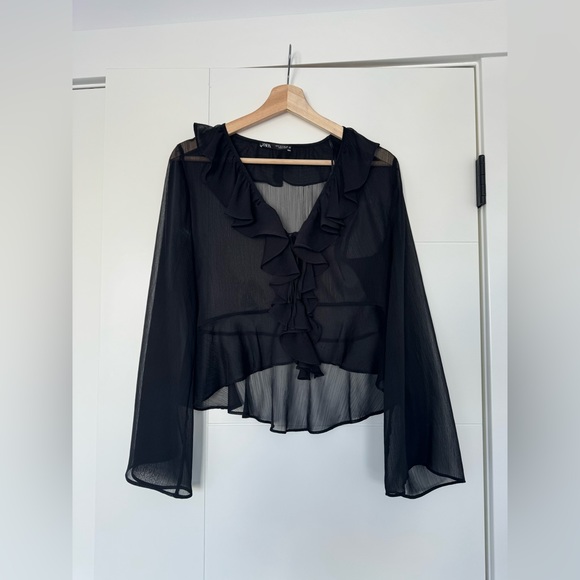 Zara Semi Sheer Blouse With Ruffles - Picture 2 of 4